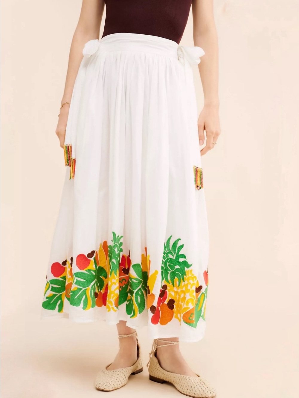 NWT FARM Rio Embroidered Fruits Side Bow Midi Skirt, sz Medium